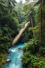 Placeholder: An airplane crashed among relict trees, tropical forest in some places covered around blue beautiful river fantasy, photo