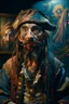 Placeholder: portrait of crazy pirate artist in front of insane painting, 4 k, down light, depth of field, trending on art station, high detail, cracked ground