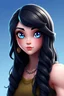 Placeholder: Beautiful; stunning; Blue eyes, long wavy black hair, porcelain skin character in fortnite (fortnite video game), (vivid), ((fortnite cartoon character)), fortnite animation, fortnite skin, (tilted towers fortnite map), full body shot, bright and dynamic coloring, (fortnite epic games)