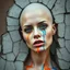 Placeholder: /imagine surreal portrait of a beautiful bald woman slowly sinking into a cracked urban wall, her photorealistic eyes fading into the texture. Orange and blue paint drips run down her face as parts of her body merge with the peeling plaster, dissolving into the street art background. --style raw --ar 3:4 --v 7.0 --q 2 --stylize 300 --weird 350