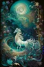 Placeholder: MAGIC surreal forest filled with delicate patterns and pearly glow Fantasy. Surrealism. Two wave spirals are intertwined against the background of the forest - satin emerald floral and purple - blue diamond. Delicate patterns and graceful curves fill the space. An opal Arabian steed with a magnificent mane stands in the center of the painting. Gold filigree complements the composition. A gentle glow emanates from pearls and rosehip buds, creating an atmosphere of mystery and mystery. Detailing