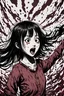 Placeholder: Petit woman with rare eyes, weird pose, fullbody, screaming, tears, Junji Ito style, darkred tones,