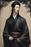 Placeholder: A captivating image of a hauntingly elegant Korean man, his long black hair flowing gracefully and dressed in a sleek black kimono. His head is slightly turned, exuding a mysterious grace and regal presence. This stunning portrait, possibly a painting, captivates with its exquisite attention to detail. The man's enigmatic aura is enhanced by the rich, deep hues of his attire and the graceful way he carries himself. Every element of the image speaks of elegance and mystery, inviting viewers to de