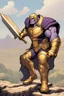 Placeholder: Thanos, the commander of the army of aliens and the king of the entire galaxy, is ready to go on a campaign with his two large swords, his very beautiful and impenetrable armor with his golden helmet, standing on top of a hill with his sword with infinity gauntlet