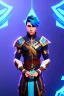 Placeholder: a human male with blue short hair and blue wings in assymetrical armor with geometric patterns and a book in hand