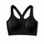 Placeholder: Folded Cross-back sport bra, top view, flat lay, realistic, active wear, black material, round neck, cross-back with double spaghetti straps