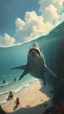 Placeholder: A white shark near a beach where children are swimming and playing in style painting of Bosch style