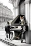 Placeholder: One single mature cat playing piano on the street, Vienna, friendly, model style, hyper realistic, extremely accurate, delicate, extremely detailed, Graphic novel style, wide-angle, open aperture, superfine pencil