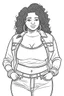 Placeholder: black curvy woman wearing jeans, eyes front camera coloring page