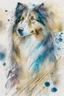 Placeholder: Abstract wet watercolour of a rough collie, ink lines, interlinked circles, detailed,focus on eyes, watercolour paper neg . Closed eyes