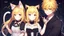 Placeholder: Girl, yellow hair, cat ears, cat tail, bow and arrow in hand, dark forest, boy, boy has bunny ears