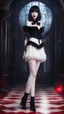 Placeholder: Full-body shot, of slender, pale goth woman, long legs, standing braced, straight, dark bob hair with bangs, fair skin, red lips, and white stockings and stilettos, fantasy background