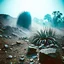 Placeholder: A striking quality Kodak photograph captures a wasteland with monsters and group of plants, creepy, details of the dust very accentuated, glossy organic mass, adorned with minerals and rocks. Bathed in intense light, eerie, Max Ernst style, blue sun, fog