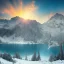 Placeholder: turqoise lake in mountains, snow and lights, golden hour