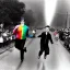 Placeholder: Creepy old photo of rainbow zippy monster chasing children at new year