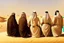 Placeholder: Four Arab sheikhs sitting in the desert wearing typical Arab dress, looking towards the four cardinal points. A talll fat european man in business suit wathhing them while thinking.