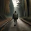 Placeholder: a lonely figure with a backpack, leaving a metropole, on a road, into a forest, photo quality