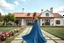 Placeholder: full body close up shot ,country side modern villa wide yard in front of villa ,a beautiful lady in nice long dress dancing in front of camera,flowers blue sky ,petty flophy clouds