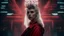 Placeholder: high resolution, best quality, cinematic shot, , full body shot wide angle, blade runner, blonde woman in red , with a black crow on her shoulder, the woman has got a crystal white crown on her head. stars are reflecting in the glass crown