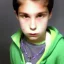 Placeholder: A 14-year-old white teenager with black hair and black eyes, wearing dark clothes and a green necklace.