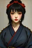 Placeholder: portrait of a female samurai with dark hair and grey eyes wearing a dark blue gi painted by Renoir impressionism