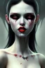 Placeholder: Vampire girl, cute, beautiful, white eyes, red lips, black hair with bangs, goth, close up portrait by Greg Rutkowski