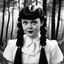 Placeholder: Young Actress judy garland as Wednesday addams, braids, bangs, in tge woods
