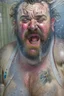 Placeholder: full figure shot photography of 43 years old wet sweat burly chubby very ugly italian plumber smiling under the shower , hands behind the head , manly chest , in white overalls, beard , wet, sweat, curly hairs, tattoo, big tights, photorealistic, Canon EOS, hyper-realistic, very detailed, drunk eyes, natural colours, sunlight, ambient occlusion, the light shines on wet skin