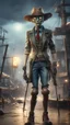 Placeholder: magazine cover illustration, fallout 4 docks setting, horror weird cowboy newt alien walking on stilts in female garments, getting hit by lightening electric arc, with big disturbed eyes,bokeh like f/0.8, tilt-shift lens 8k, high detail, smooth render, down-light, unreal engine, prize winning