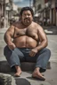 Placeholder: strong chubby burly mature mexican man sunbathing, sitted on an empty street, 35 years old, shirtless, shorts, manly chest, very hairy, short beard, big shoulders, relaxed, photorealistic, well defined facial features, half figure photography, view angle from the ground