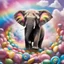 Placeholder: longshot top-view of a realistic high detailed baby elephant floating (or falling) looking towards the viewer as if coming out of a dream-like spiral vortex of soft fluffy cloud-like colourful candy floss. The Elephant is holding a peanut in the tip of it's trunk which is shown in its entirety. chocolate-covered m and m's, and colourful rainbow lollipops are falling from the sky into the spiral vortex surrounding the elephant. bright/ pastel colour