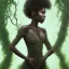 Placeholder: Painting . A young black woman. A wood nymph emerging from the forest. Her hair looks like leaves. Her skin looks like tree bark. Her clothing is made of vines, grass and hair