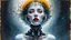 Placeholder: old worn paper, Ethereal bald white woman with thorns, thistles and plant roots on her head, human brains biomechanics cyberpunk style digital painting depicting a glowing woman with robotic features, combining human and artificial elements in a gripping sci-fi scene with intricate details and a cinematic atmosphere. Red lips, gold fragments, silver particles, wind, swirls, glare, glow from within, 8K, fine rendering, high detail, hyperrealism, high resolution, multi-layered, hyperdetail, hyperf