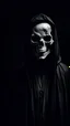 Placeholder: An eerie figure in a black robe, whose face resembles a skull, looks ominously at the camera against a black background.