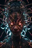 Placeholder: Demon girl, fullbody, creepy, horrifying, sinister, many wires connected to the head lumen lighting, led lights, sparks around her, sparks cybernetic,high lighting, intricate, 8k, macro photography,