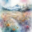 Placeholder: Digital colorful watercolor Illustration of a beautiful Vibrant flower meadow fantasy landscape, mountain river wildflowers butterflies in the morning light, by JB, Waterhouse :: Carne Griffiths, Minjae Lee, Ana Paula Hoppe, :: :: Stylized Splash watercolor art :: Intricate :: Complex contrast :: HDR :: Sharp :: soft :: Cinematic Volumetric lighting :: flowery pastel colours :: wide long shot