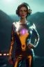 Placeholder: Ultra Realistic retro sci-fi scene, portrait, brunette woman, sweet Monica Belucci face, perfect iris, glow eyes, makeup. Alien Saturn background, Retro sci-fi style, helmet, tight latex coat, fog, rain, soft color, highly detailed, unreal engine 5, ray tracing, RTX, lumen lighting, ultra detail, volumetric lighting, 3d, finely drawn, high definition, high resolution.