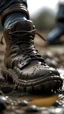 Placeholder: macro of the footprint of a soccer boot in the mud, shape of the plugs sunk and splashed into the mud, In the background chaotically misaligned warriors facing a beast that outnumbers them, dramatic effect with storm, wind, flying arrows, flames and lightning