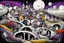 Placeholder: whimsical, weird ball-like houses stand in village in weird whimsical landscape with long bridges, , futur-surreal vibe with abstractions, around surreal cracked painted weird land with dark purple, gray, black, white, brown, and deep colors. style of Chagall , of Minjae Lee and Tim Burton, absurd beauty picture. weird bizarre absurd, nightmare, big neuron network background and thin bridges, surreal cinematic vibe