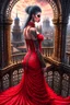 Placeholder: beautiful alluring tattooed female vampiress in thin red dress standing on top of the gothic cathedral top view. Luis Royo, Steve Hanks, hyper-detailed, hyperrealistic, digital art, detailed background, dark fantasy, cinematic, vibrant pastel colours