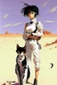 Placeholder: Meryl Stryfe Trigun young girl short black hair anime white clothes standing in the desert with a cat in her arms