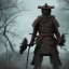 Placeholder: samurai in the blood walking into the flame of war, cinematic, HDR, highly detailed, mask cover whole face and hood, scull mask, ProPhoto RGB, Half rear Lighting, nsane details, intricate details, 32k, Super-Resolution, DOF, Color Grading, Depth of Field