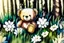 Placeholder: close-up of a cute chibi teddy bear packing piles of white clothes in the forest, laundry machine, grass and flowers next to him, melting watercolour and black ink outlines on wet paper, photorealistic, golden glitters S<AI in sunshine, ethereal, cinematic postprocessing