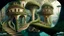 Placeholder: Gigantic mushroom village with balconies, archways, stairs, bridges, bushes, spanish moss, ivy, lake, a winding pathway through the middle