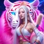 Placeholder: (masterpiece, best quality, 8k, RAW photo, beautiful and aesthetic:1.2), complex detail, Indirect light, photorealistic, (((full body))), 2 Gorgeous Cosmic asian goddess smiling, long curved white hair, blue eyes, Mixed, sci-fi and traditional asian outfit with pink velvet and white furs, riding a white tiger in a colorfull Sci-Fi environment with bokeh