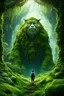 Placeholder: A giant rising from a age old slumber, his eyes are huge and wise, he has a sleepy expression ,his body overgrown with moss and vegetation, looking at small human ,as seen from behind the human,lush phantasy setting, fantastical world build, immaculate resolution, immaculate details,8K quality, animals frolic around