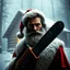 Placeholder: Ash Williams from the Evil Dead series dressed as Santa with a Santa white beard posed dramatically against a dim log cabin in the fog, chainsaw for a hand, CGI, grainy visceral movie poster