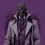 Placeholder: warlock, black mask with ash purple patterns, black trench coat with ash purple patterns, dark, ominous, ash purple, grey background, profile picture, simplistic design