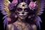 Placeholder: beautifull girl sugarskull,whit tattoo, pretty eyes, big wings, photography, volumetric lighting, ultra-detailed photography, black background, Perfect anatomy, super high resolution + UHD + HDR + highly detailed, hyperrealistic, dynamic lighting, purple, gold, PINK colors, STARS BACK AND MOON, FLOWERS PURPLE ARROUND