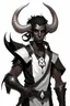 Placeholder: En Young male Black skin black hair tiefling Wizard with large horns same size going from the front to the back. glowing Silver and White symbols